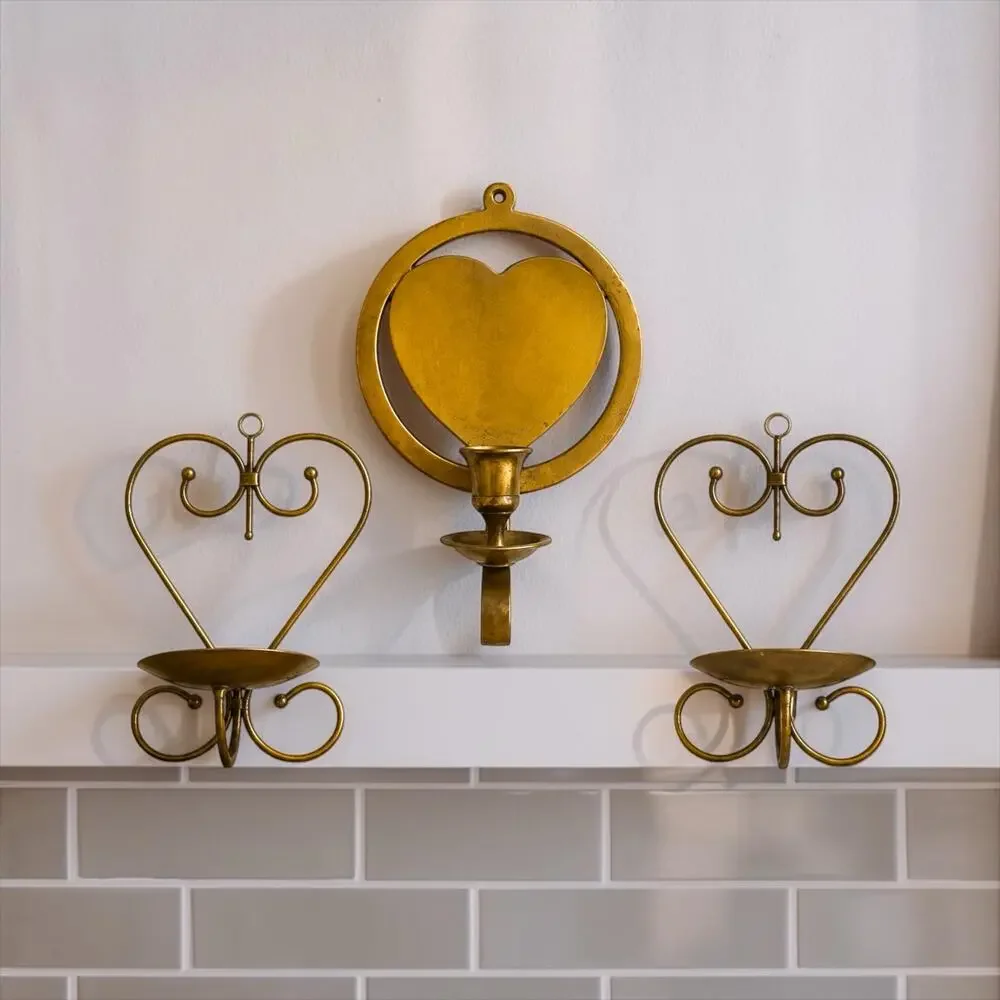 Styled Vintage Brass Heart Collection | Wall Sconce & Pair of Heart Taper Holder